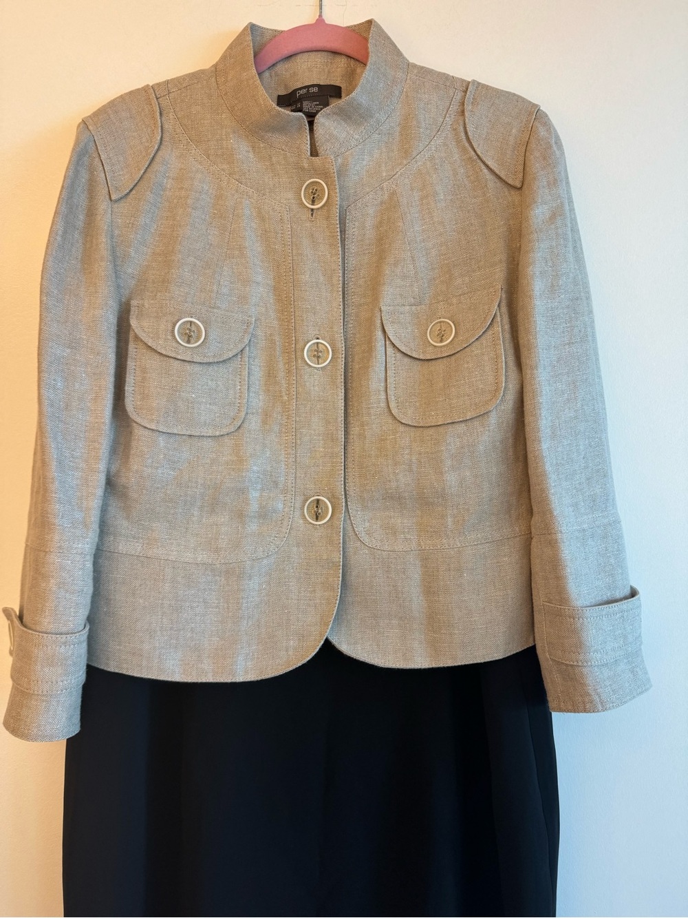 Per Se Neutral Beige Linen-Blend Stand Collar Jacket